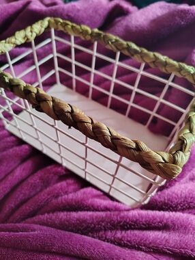 Set Of 2 Pink Wire Baskets With Rattan Braided To